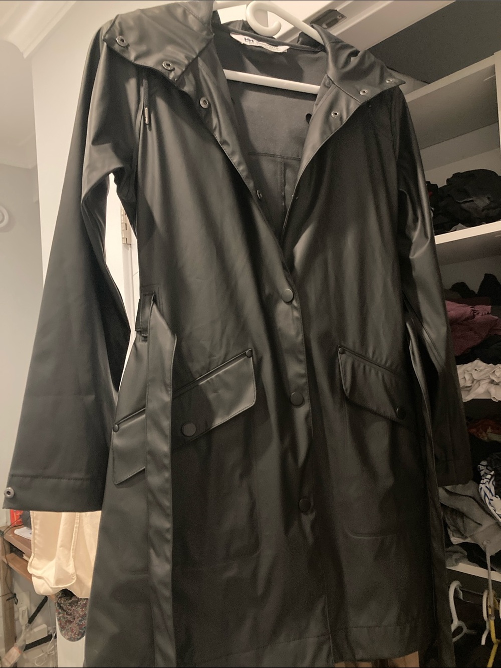 Helly Hansen Black Trench Raincoat with Hooded Storm Flap